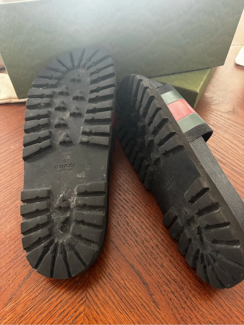 Gucci Black Slides with Green and Red Stripes